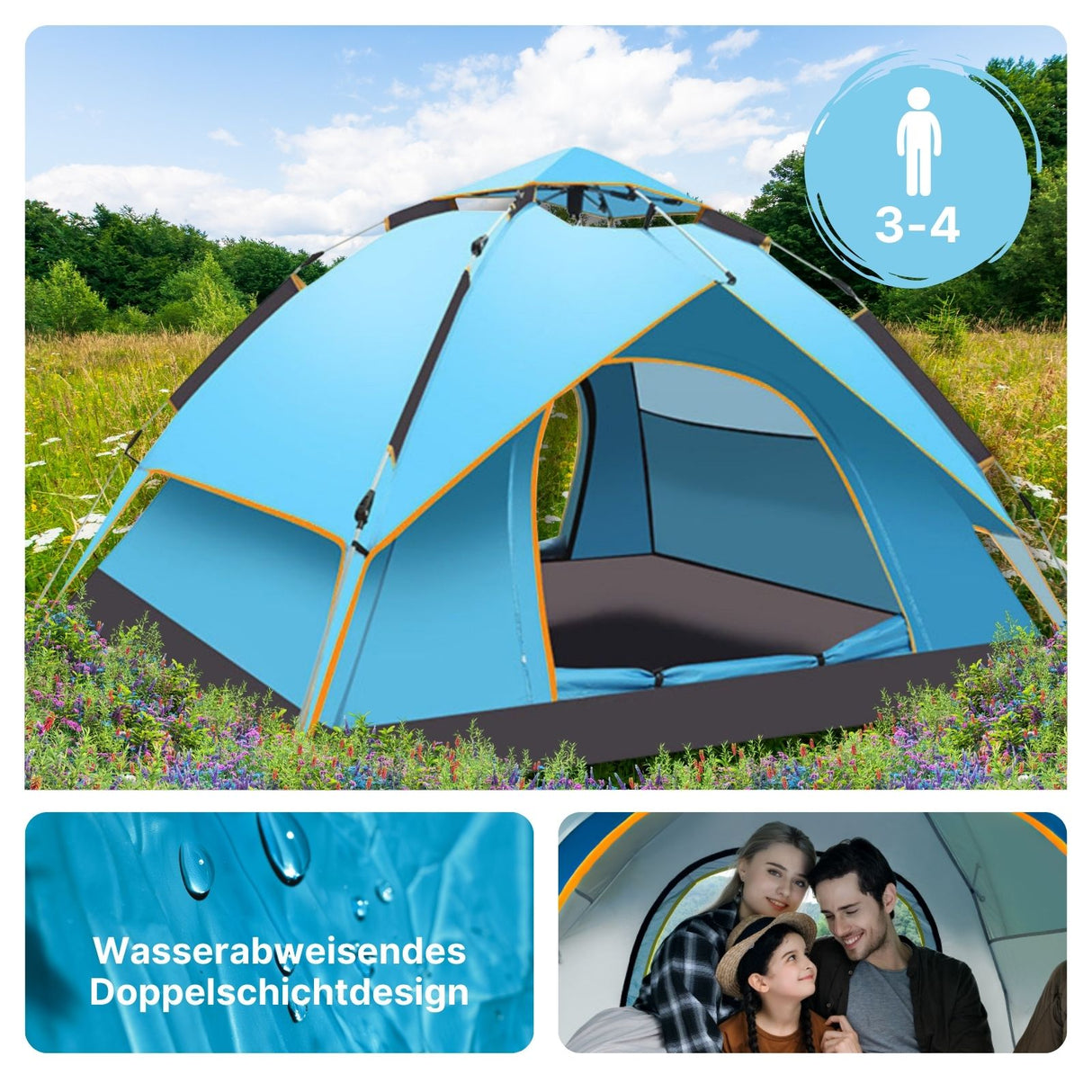 Quick-Up-Zelt für 3-4 Personen Campingzelt Automatikzelt Festivalzelt