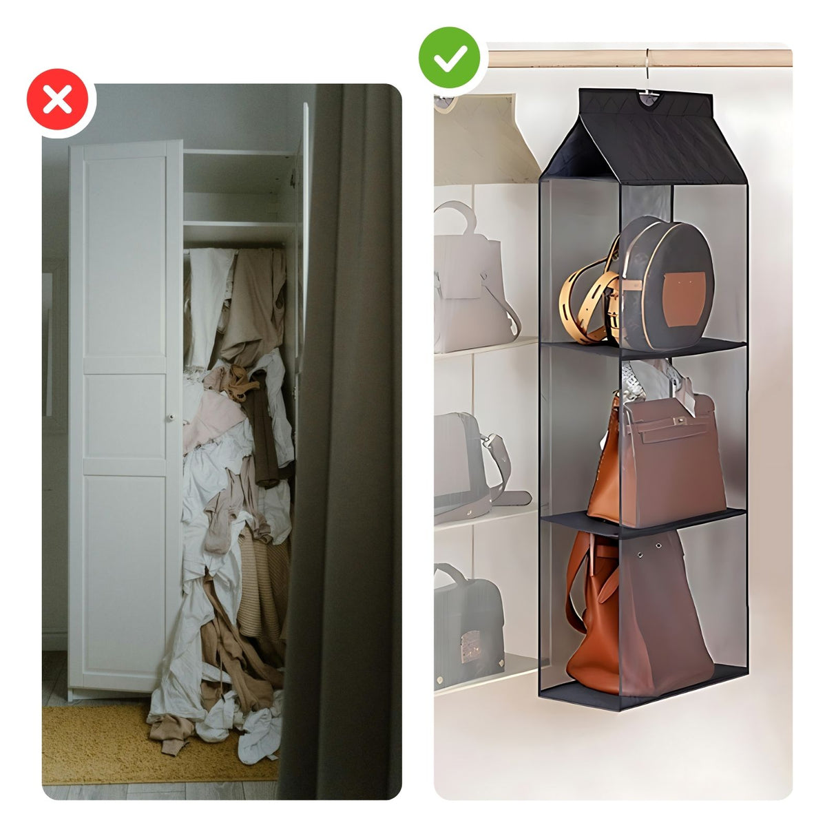 Handtaschen-Organizer zum Aufhängen Hängeaufbewahrung 3 Fächer Schwarz