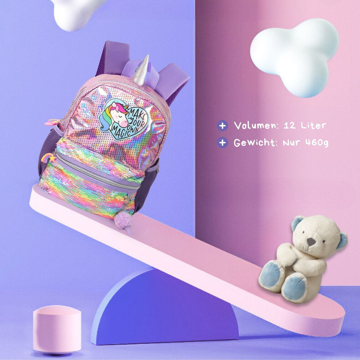 Einhorn-Rucksack Kinderrucksack mit Einhorn-Motiv Glitzer-Rucksack Pailletten-Rucksack