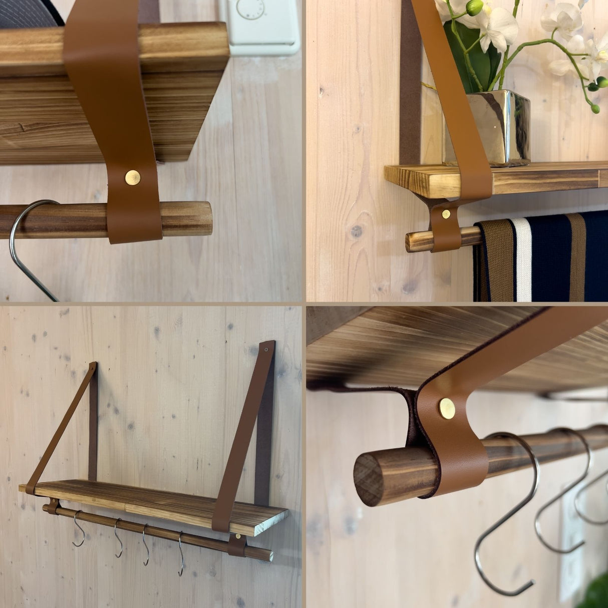 Wandregal 60cm mit Lederbändern und Holzstab Dekoregal Hängeregal