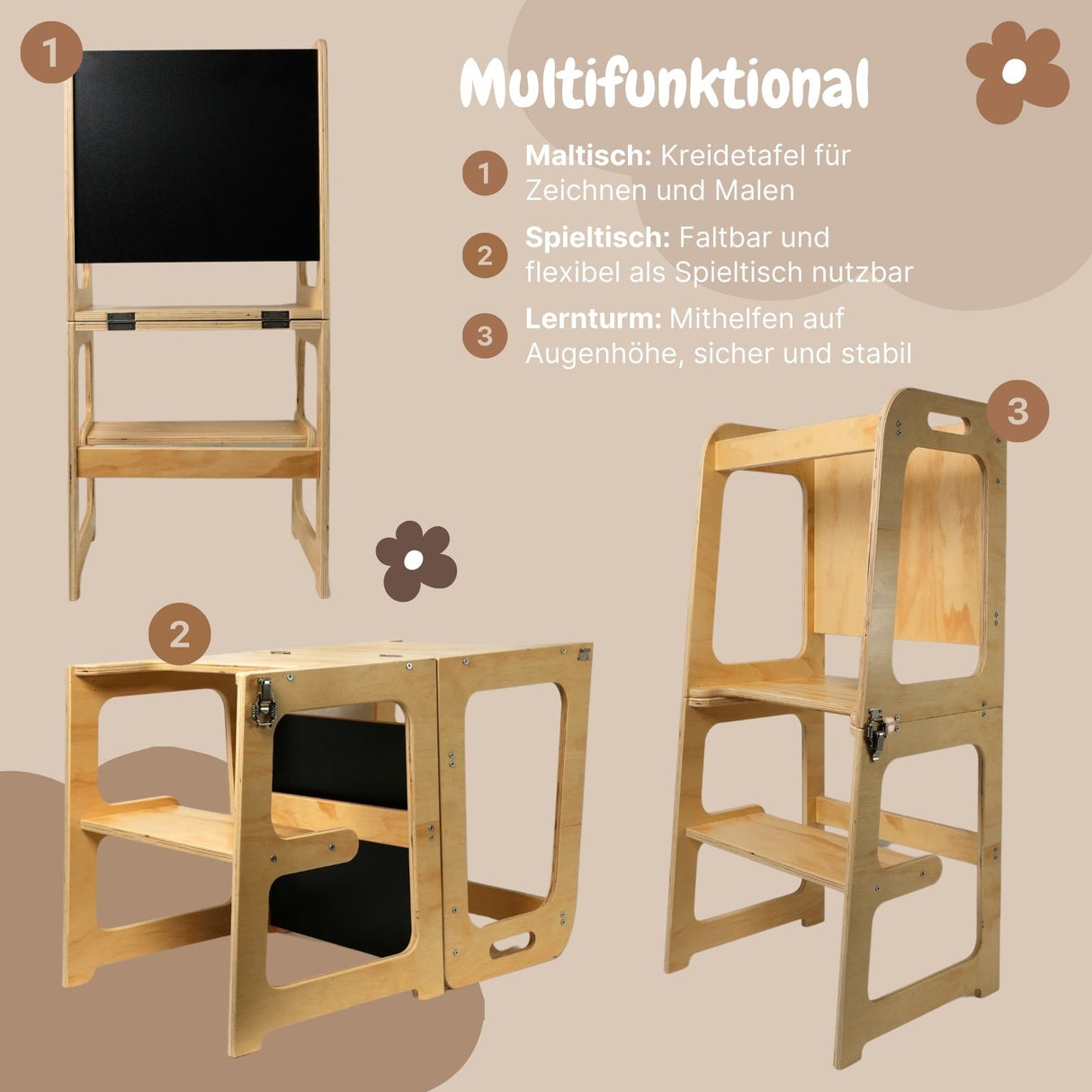 Faltbarer Kinder-Lernturm aus Holz mit Maltafel