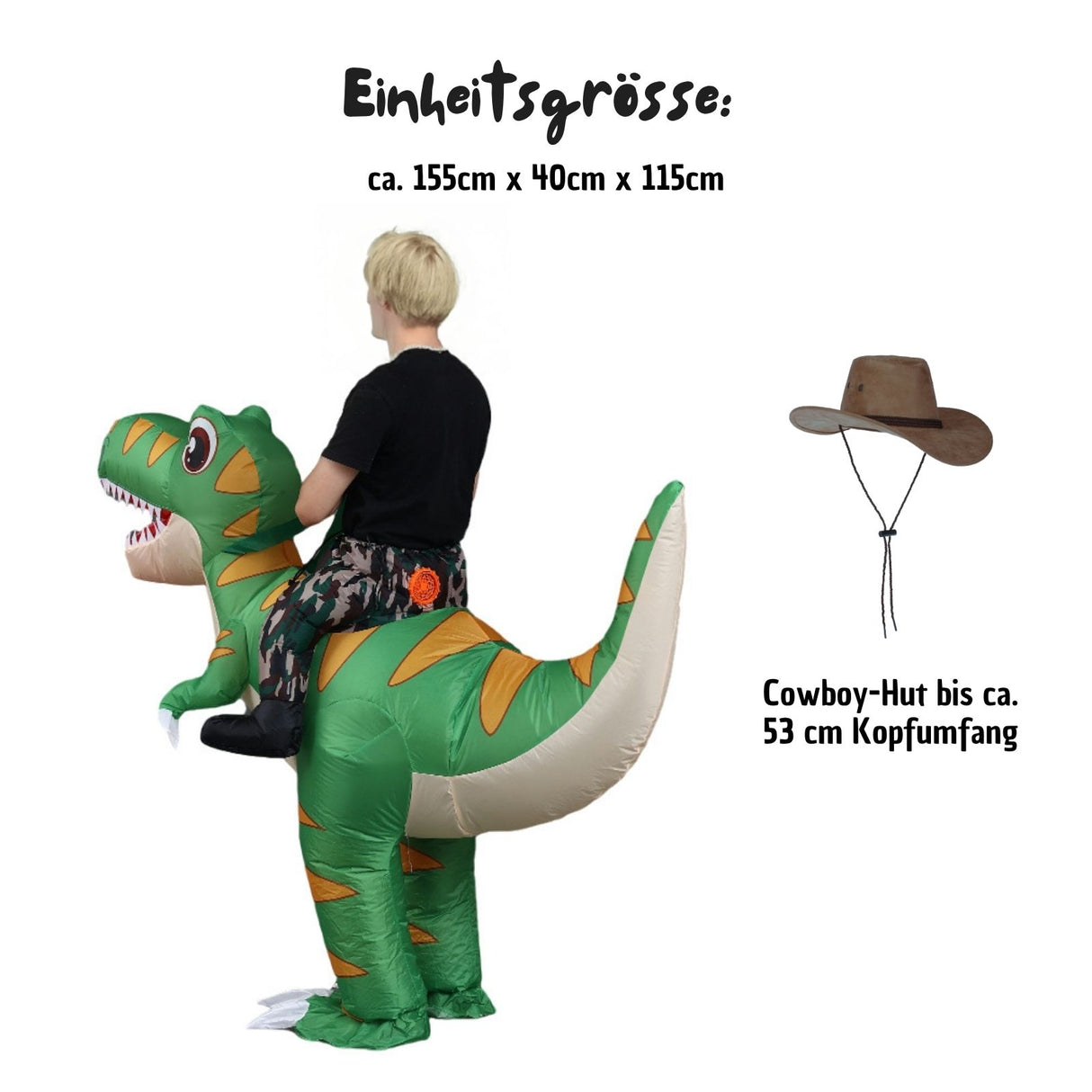 Dinosaurier Kostüm Kinder 120–140cm – grün, mit Lüfter & Batteriekasten