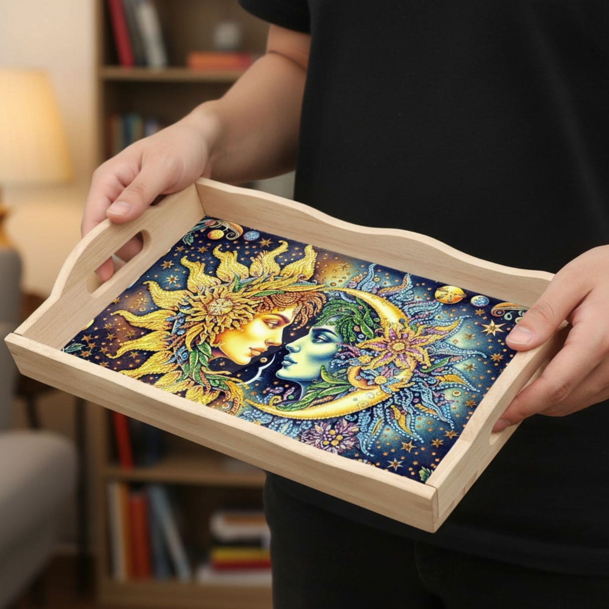 Diamond Painting Serviertablett Sonne Mond Holztablett Servierplatte