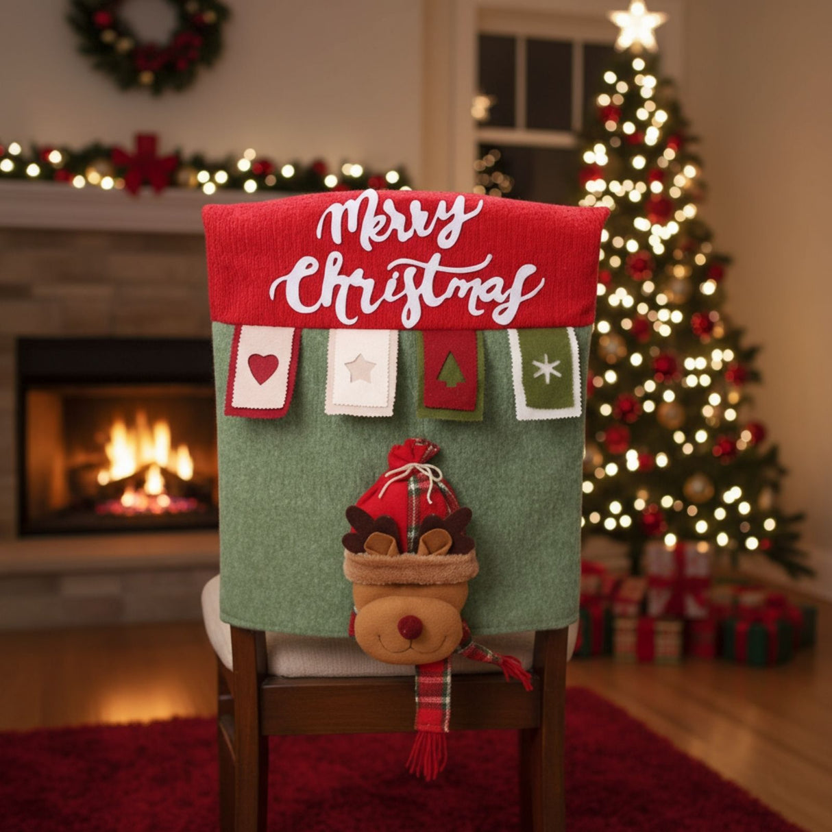 Stuhlhusse mit Rentier Weihnachts-Stuhldeko Stuhlbezug Stuhlüberzug