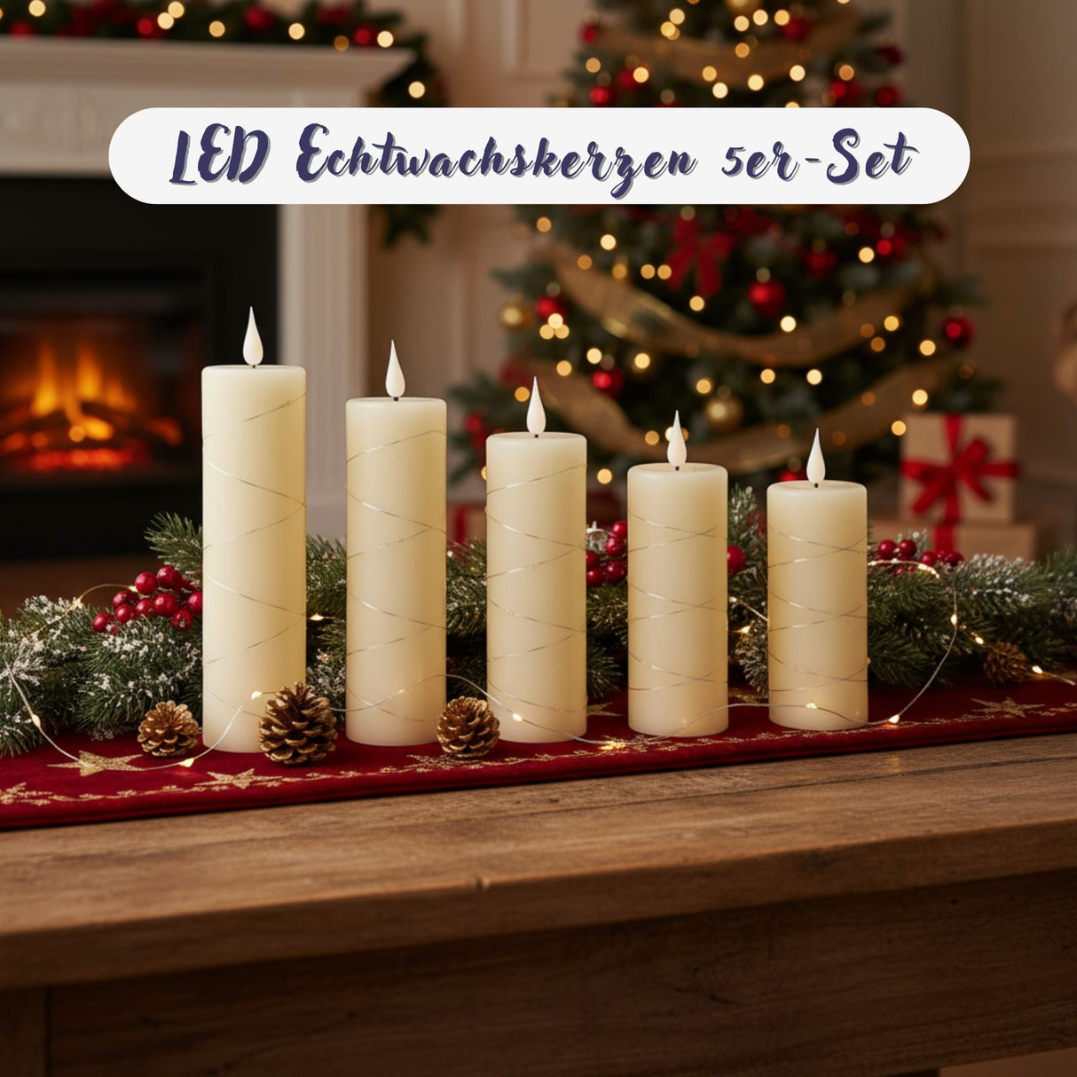 5er-Set LED Echtwachskerze mit Lichterkette Elektronische Stabkerze