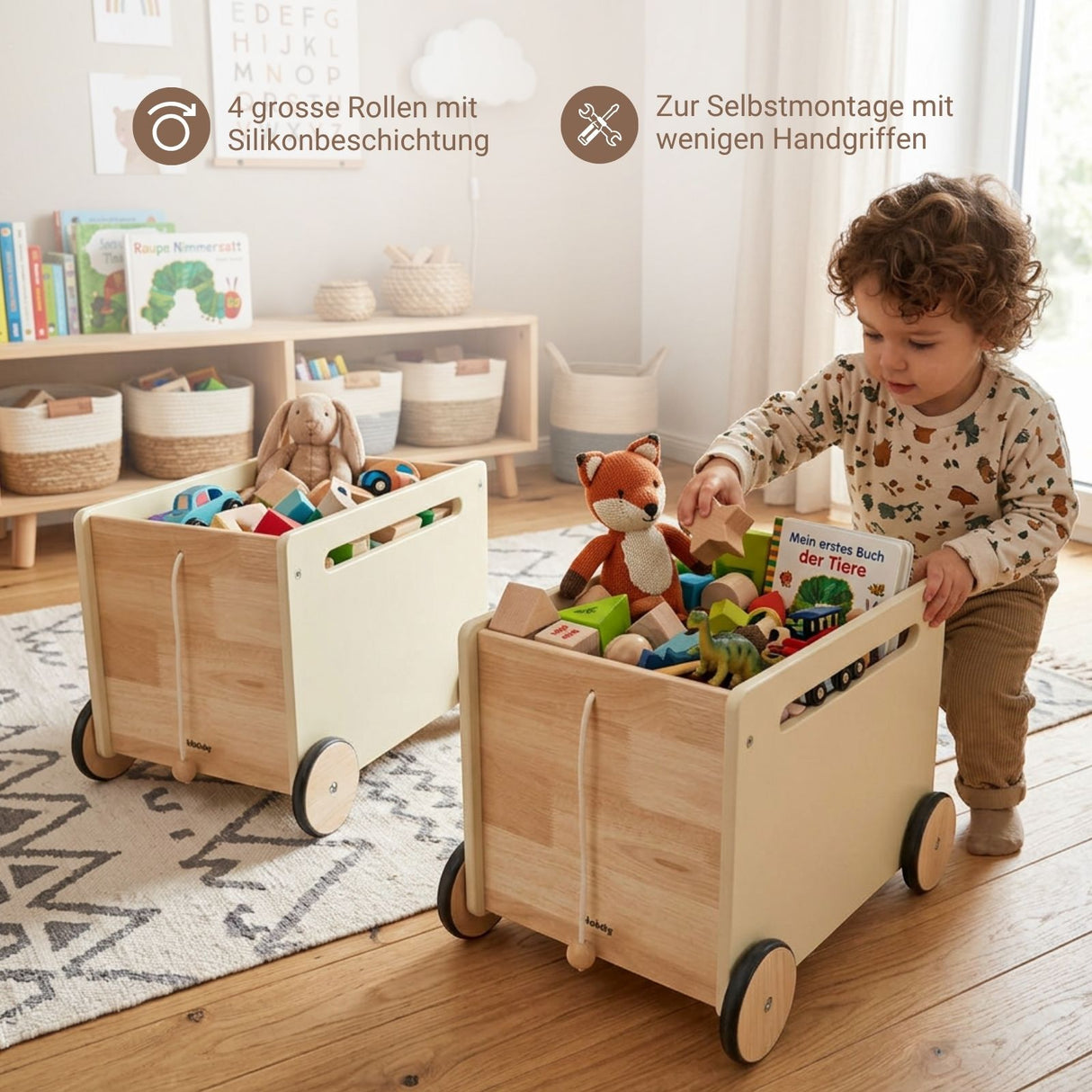2er-Set Holz-Bücherkiste auf Rollen Spielzeugkiste Spielzeugtruhe