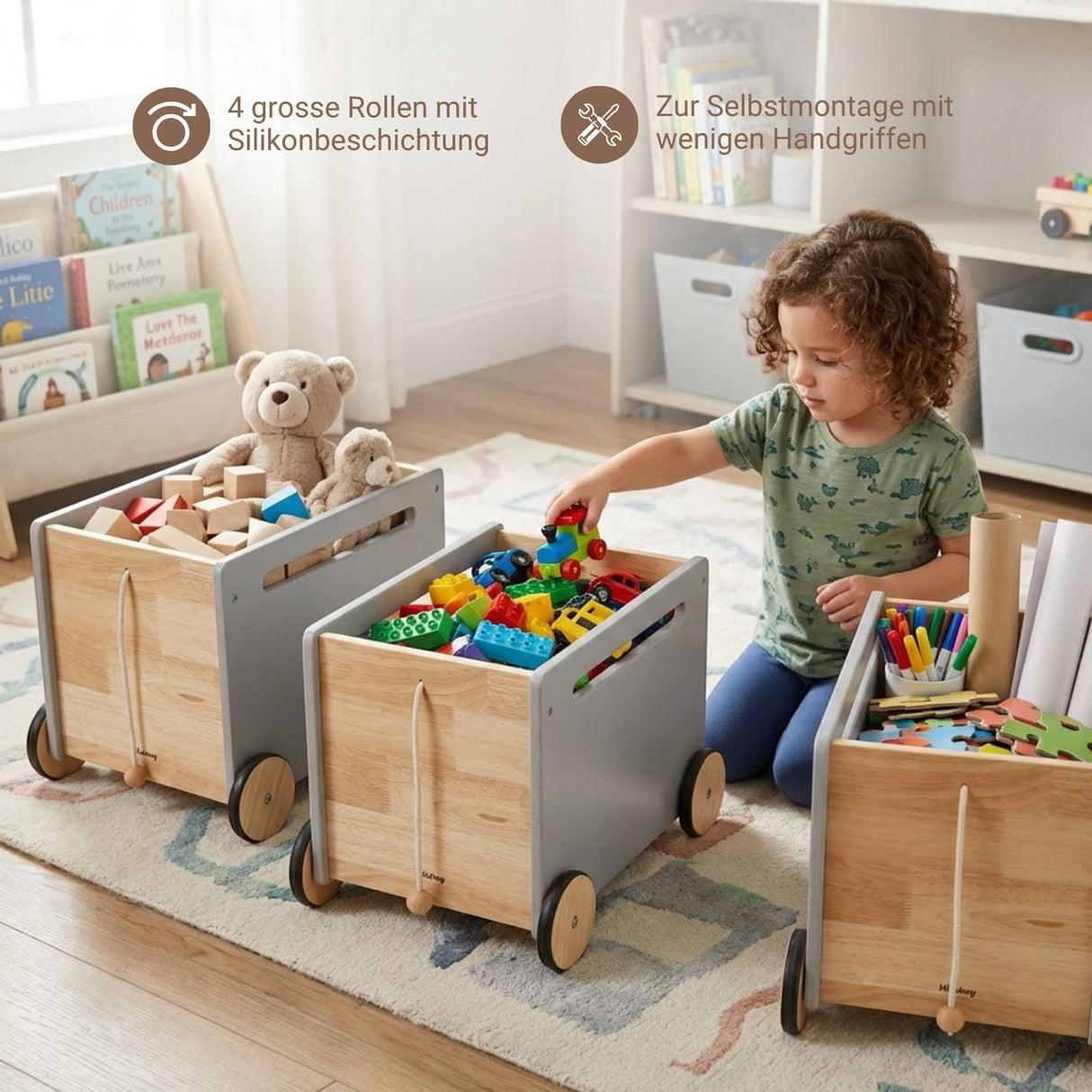 3er-Set Holz-Spielzeugtruhe auf Rollen Spielzeugkiste Bücherkiste
