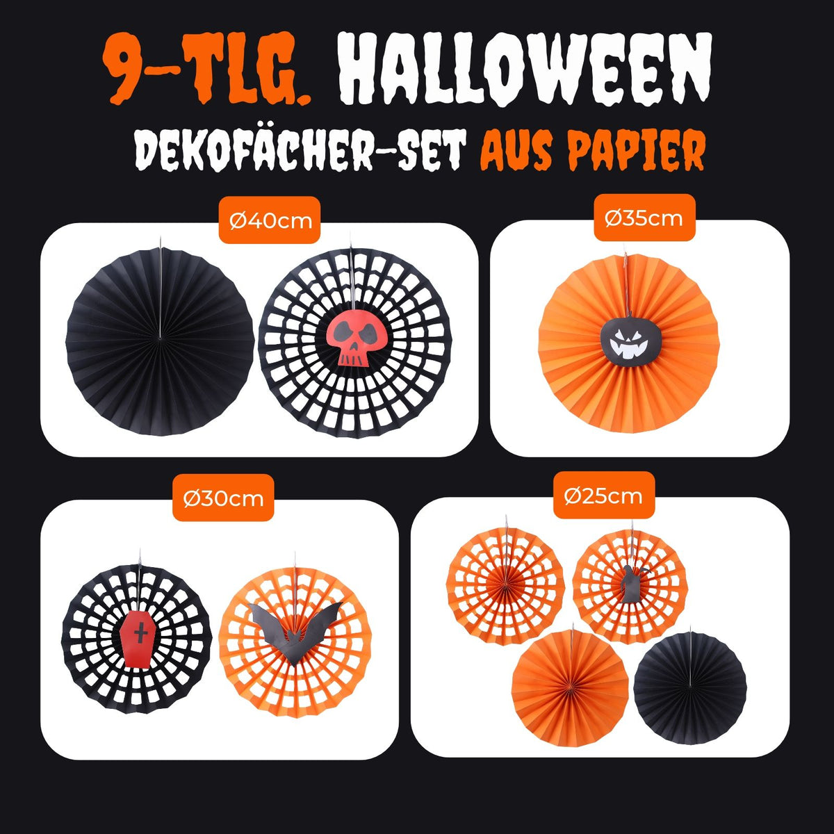 9-tlg. Set Halloween Dekofächer Papierrosetten Papierfächer Wabenfächer