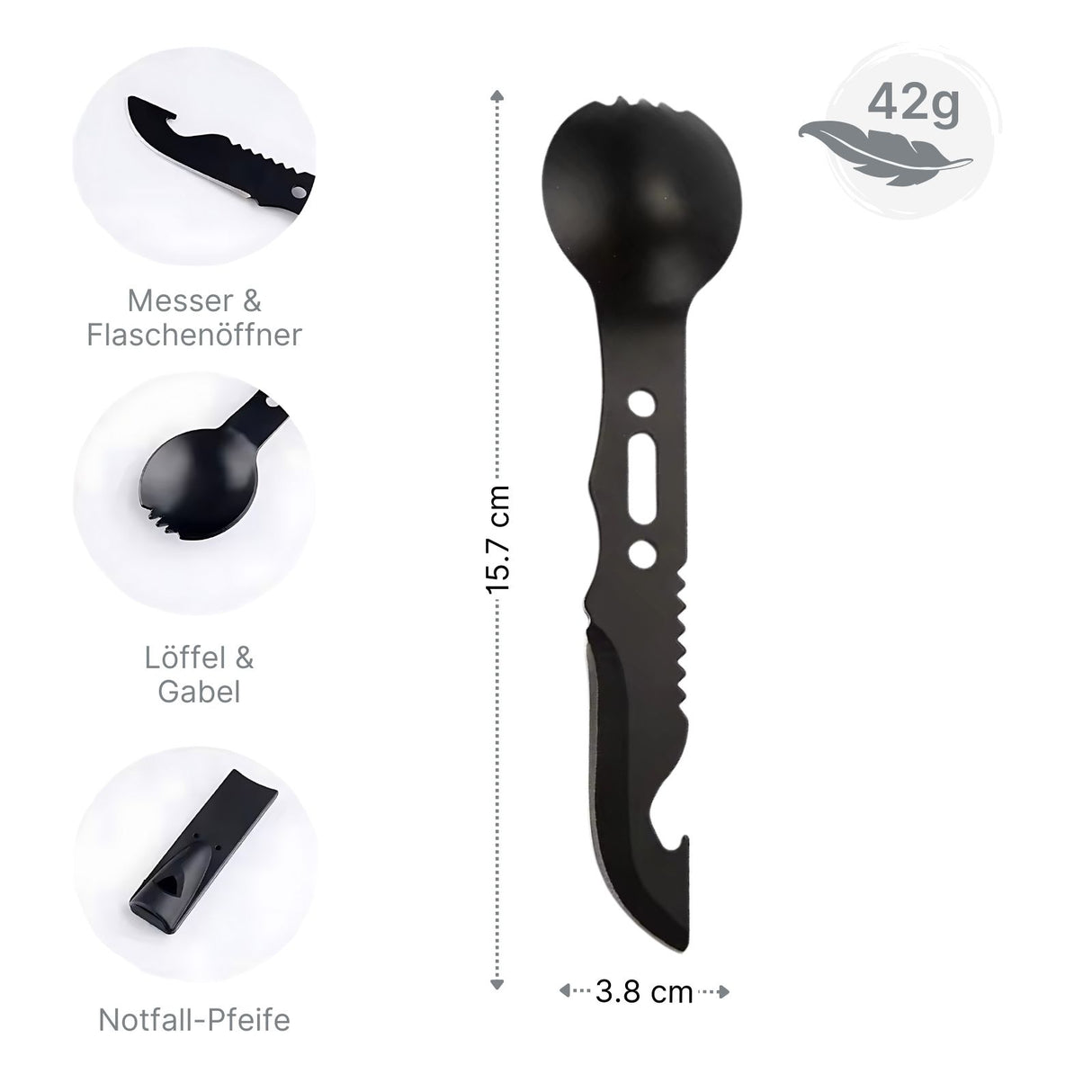 Multifunktionales 7in1 Outdoor-Besteck Gabel Messer Löffel Flaschenöffner Pfeife Schaber Seilöse