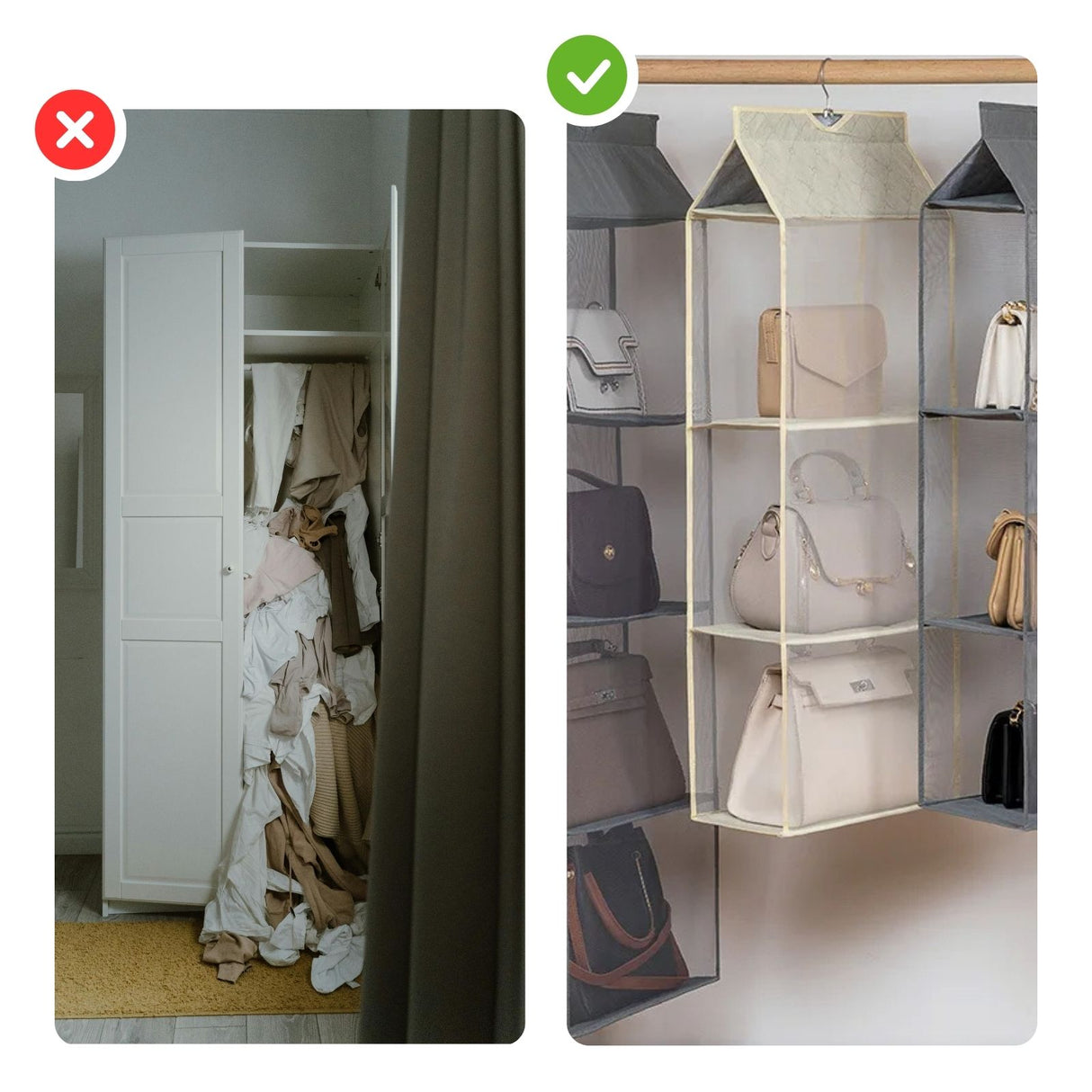 Handtaschen-Organizer zum Aufhängen Hängeaufbewahrung 3 Fächer Beige