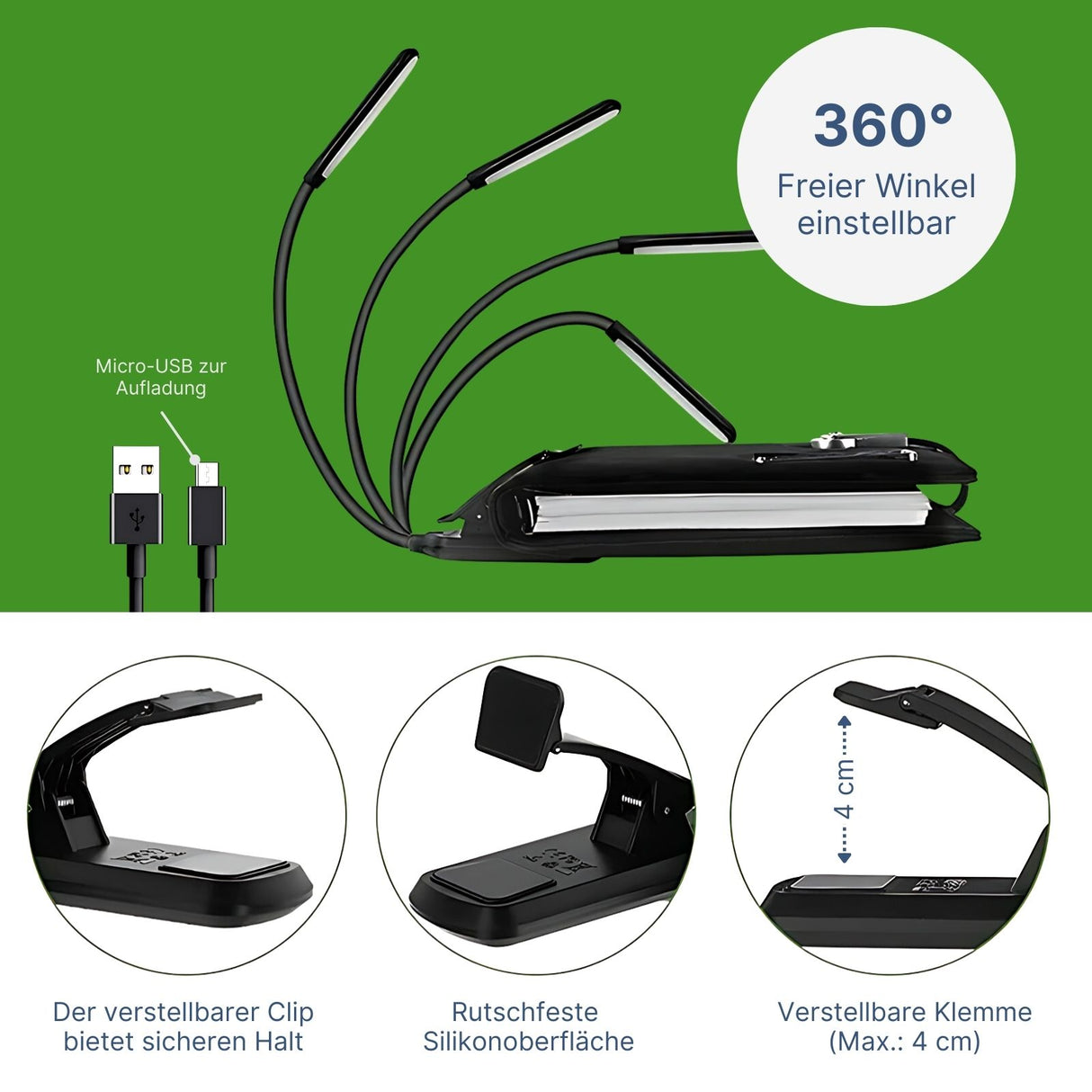 Leselampe LED USB-Leuchte Klemmleuchte Buchlampe Nachttischlampe