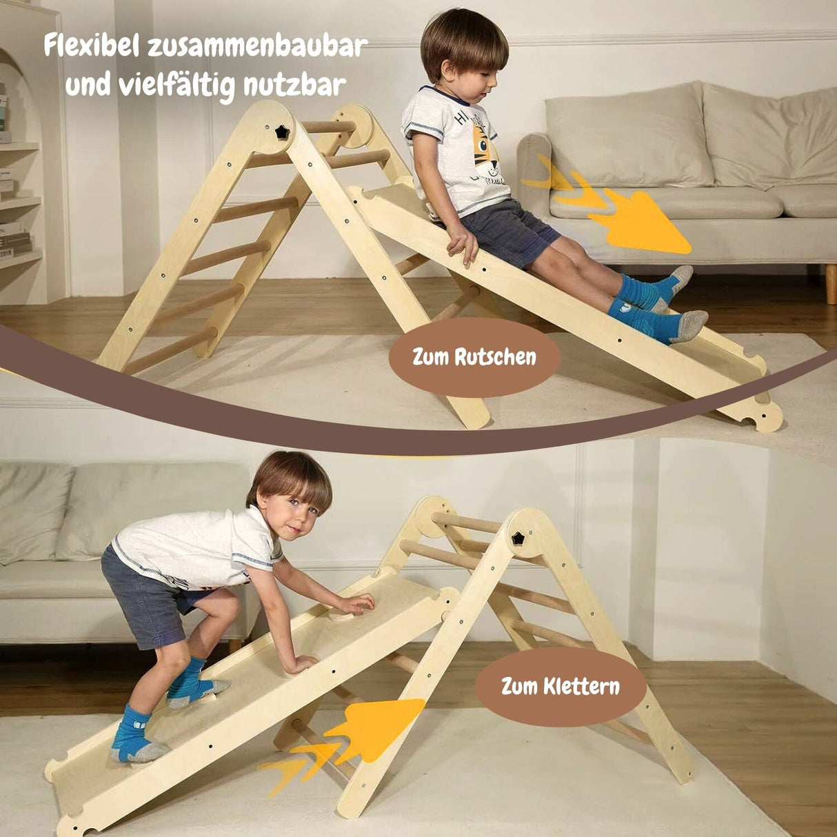 3-tlg. Holzklettergerüst Indoor-Kletterdreieck Schaukel Kletterbogen