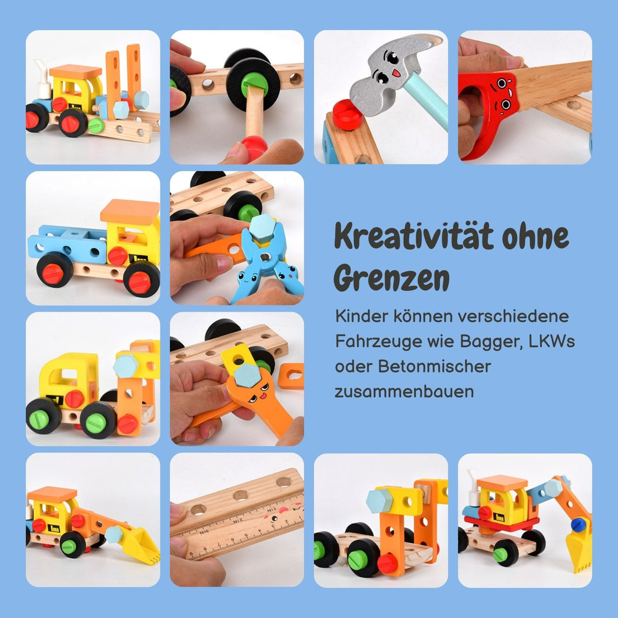Holz-Werkzeugkasten für Kinder Kinder-Baukasten Fahrzeug-Bausatz Lernspielzeug