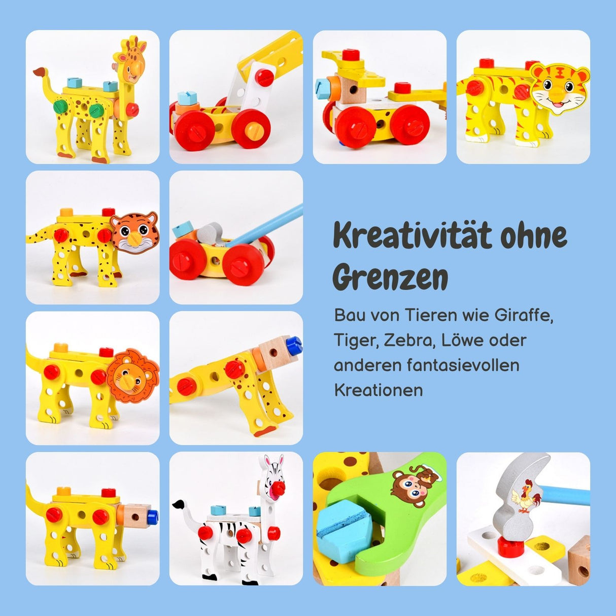 Kinder-Baukasten Holz-Werkzeugkasten für Kinder Lernspielzeug Holzbausatz Tiere