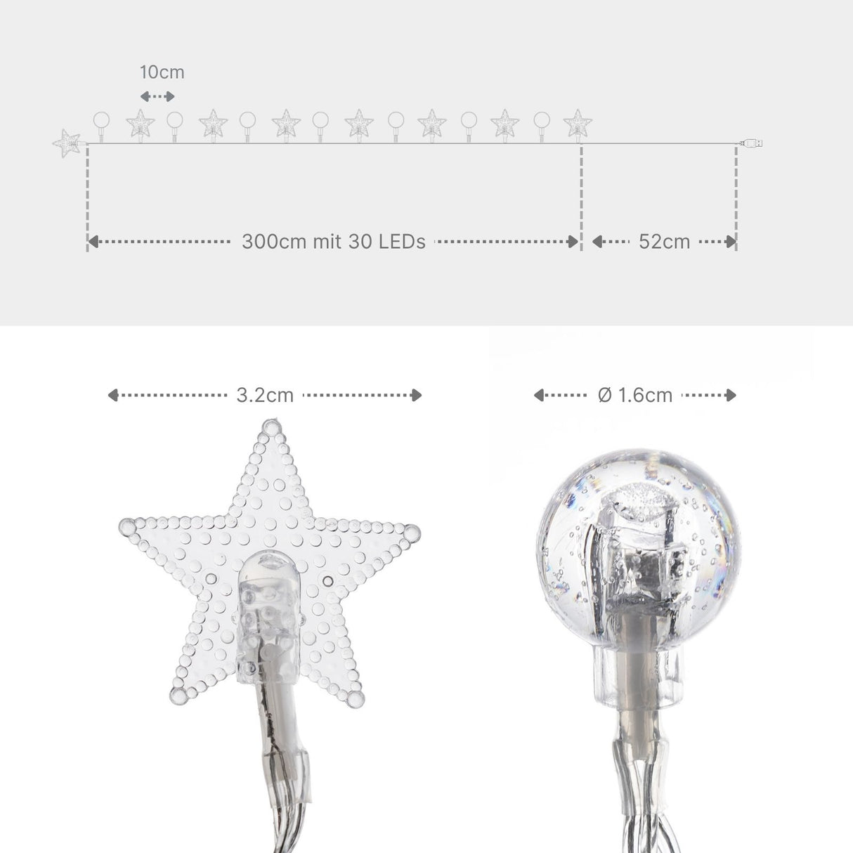 LED Kugel- und Sternenlichterkette 3m Dekolichterkette Kugeln Sterne