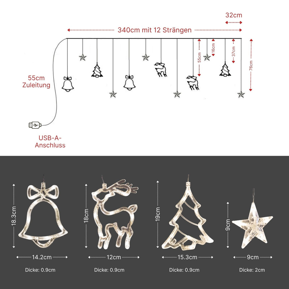 LED Weihnachtslichtervorhang 3.4m Leuchtkette Weihnachtsvorhanglichter