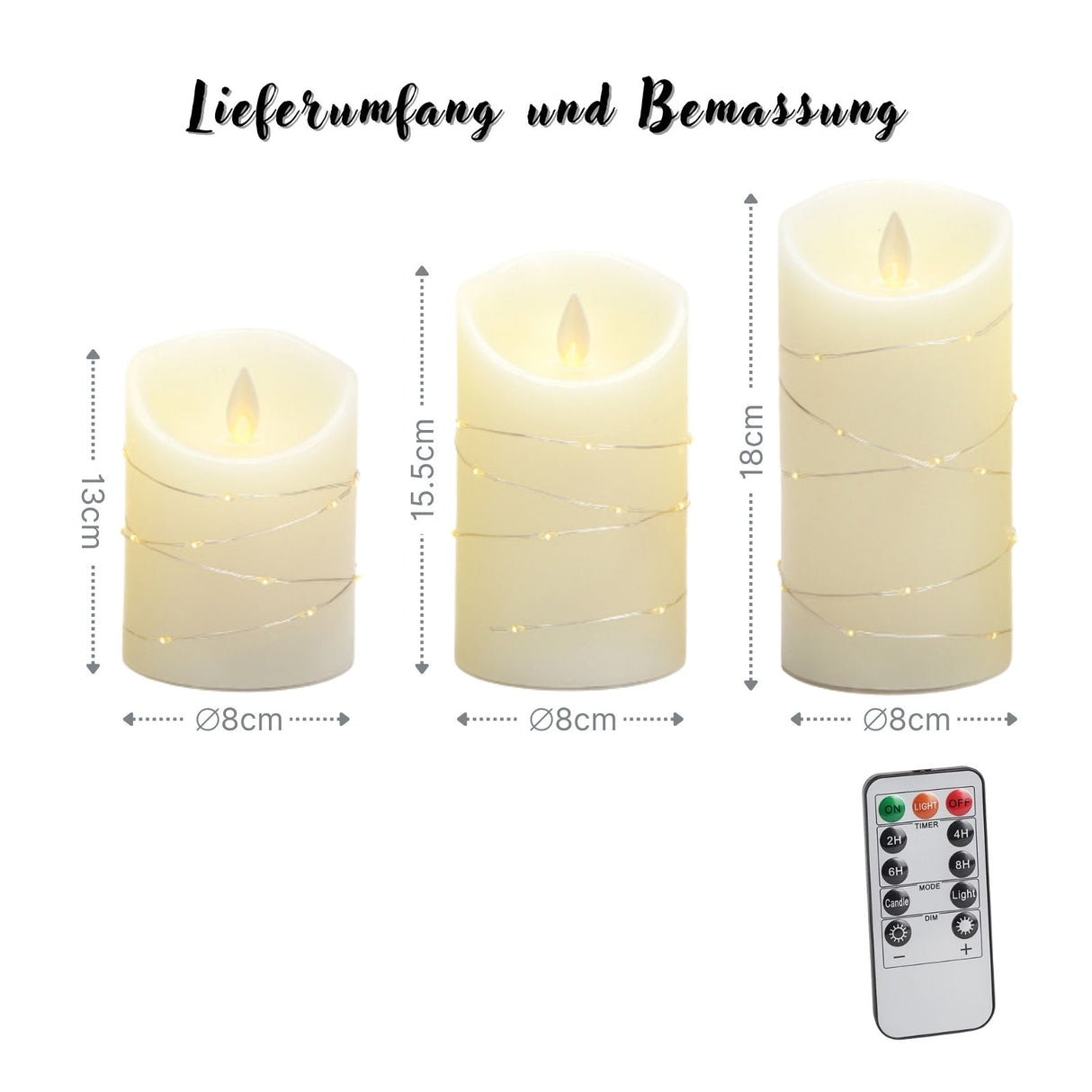 3er-Set LED Echtwachskerze mit Lichterkette Elektronische Stumpenkerze