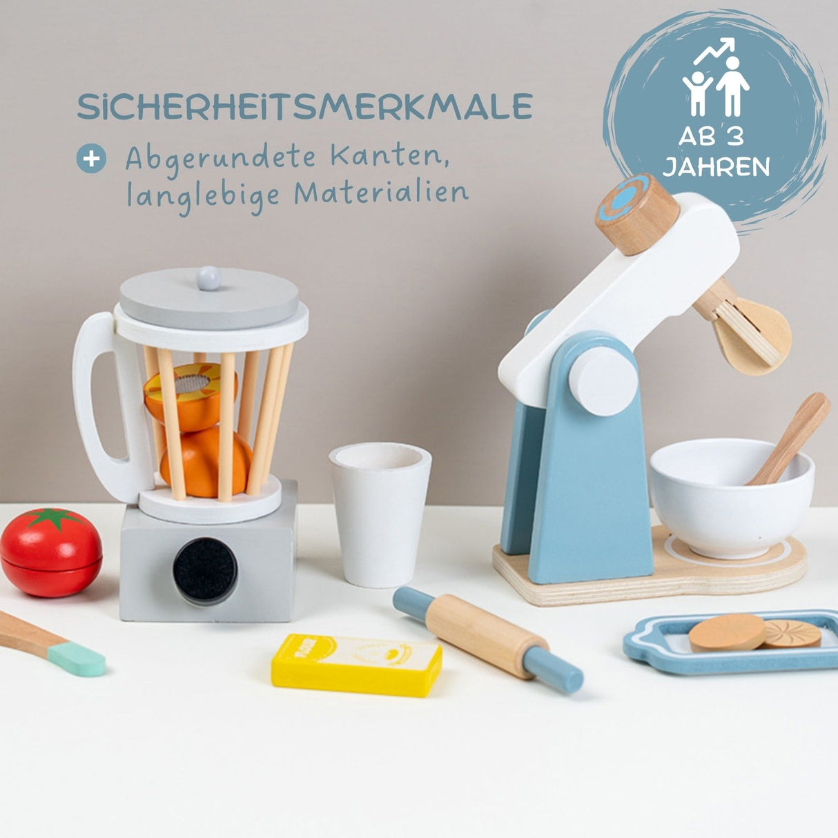 4-teiliges Spielzeug-Küchenmaschinen-Set aus Holz mit Zubehör Küchenspielzeug