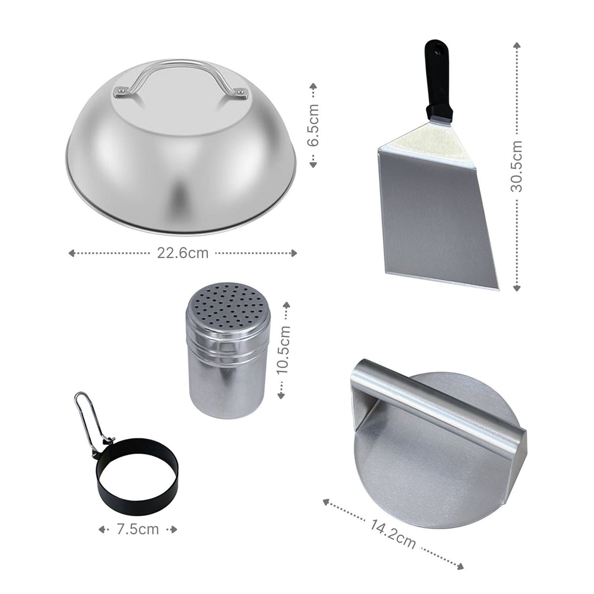 5-tlg. Burger-Set Burgerpresse Schmelzglocke Patty-Wender Ei-Ring Streuer