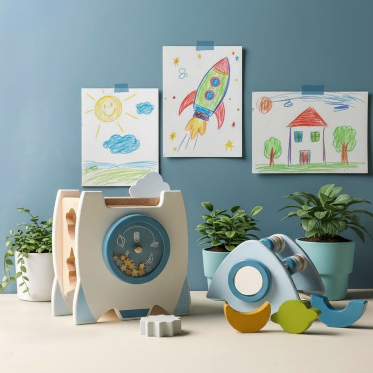 5in1-Aktivitäts-Holzrakete Kinderspielzeug Raumschiff Motorikspielzeug