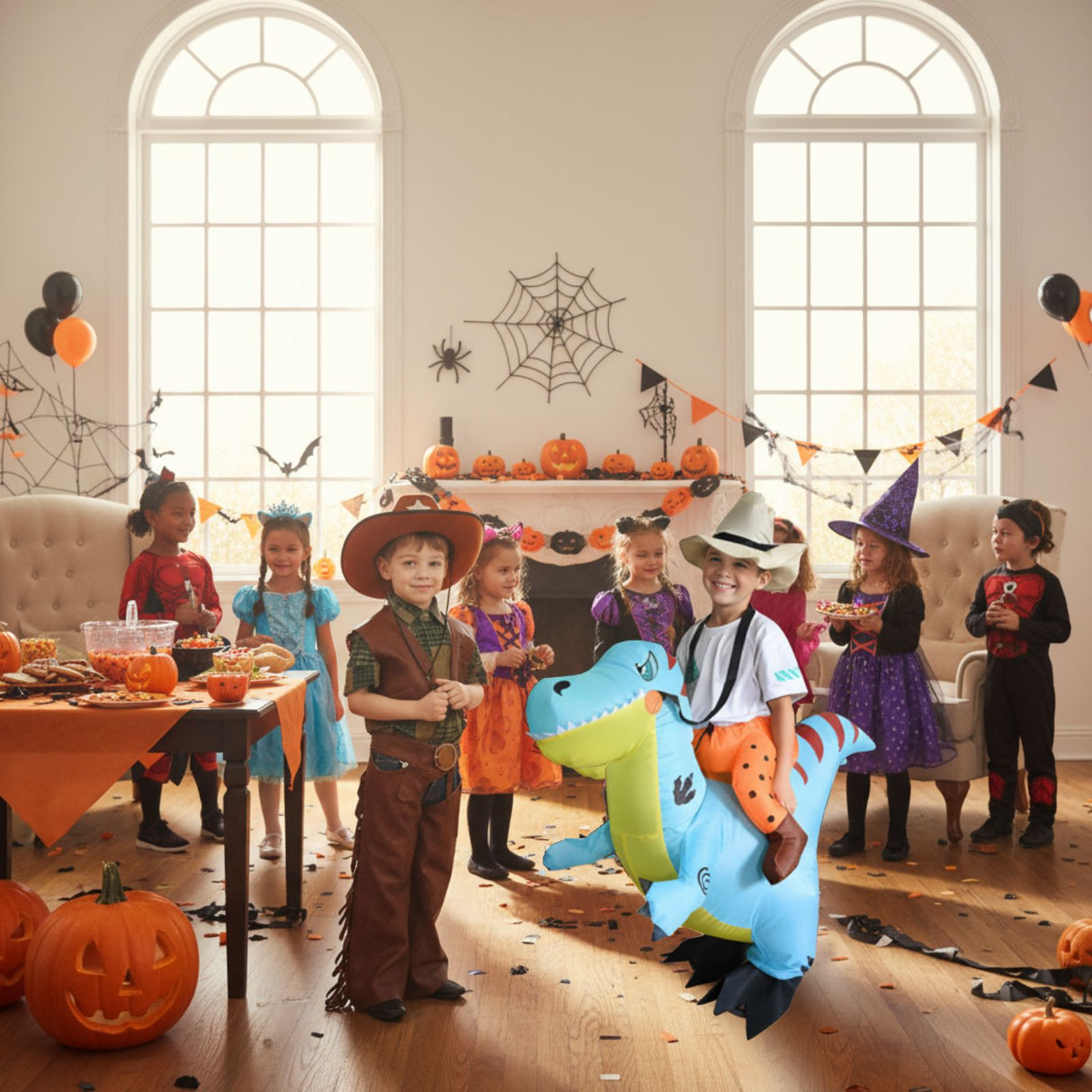 Dinosaurier Kostüm Kinder 120–140cm – blau, mit Lüfter & Batteriekasten