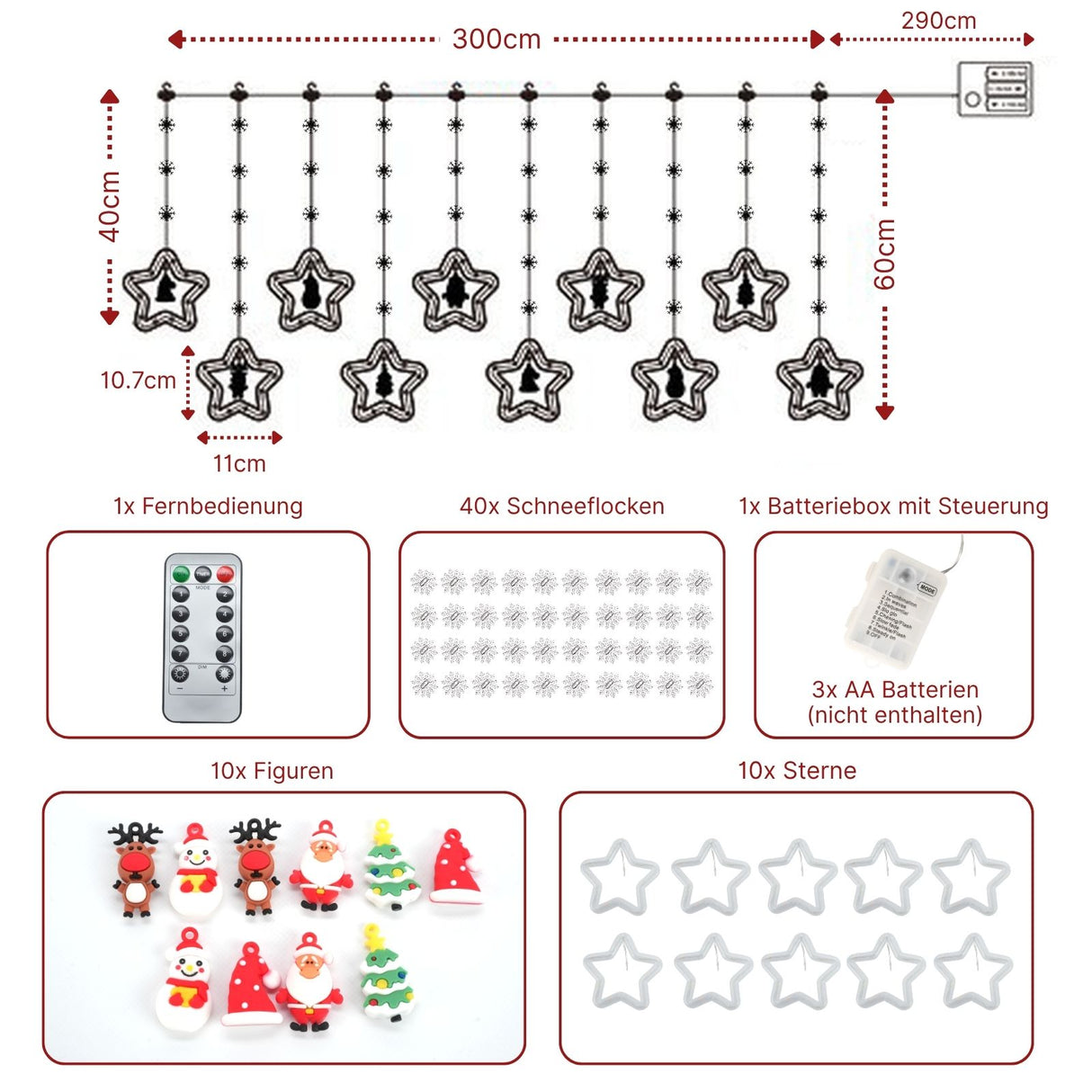 LED Weihnachtslichterkette 3m Sternen-Lichtervorhang mit Schneeflocken