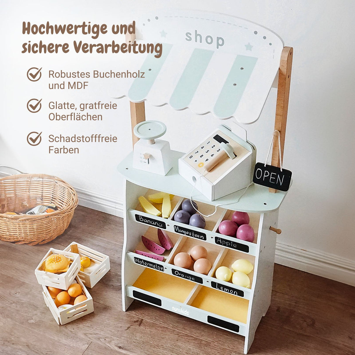 Holz-Kaufladen mit Zubehör Kinder-Verkaufsstand Früchte- und Obststand