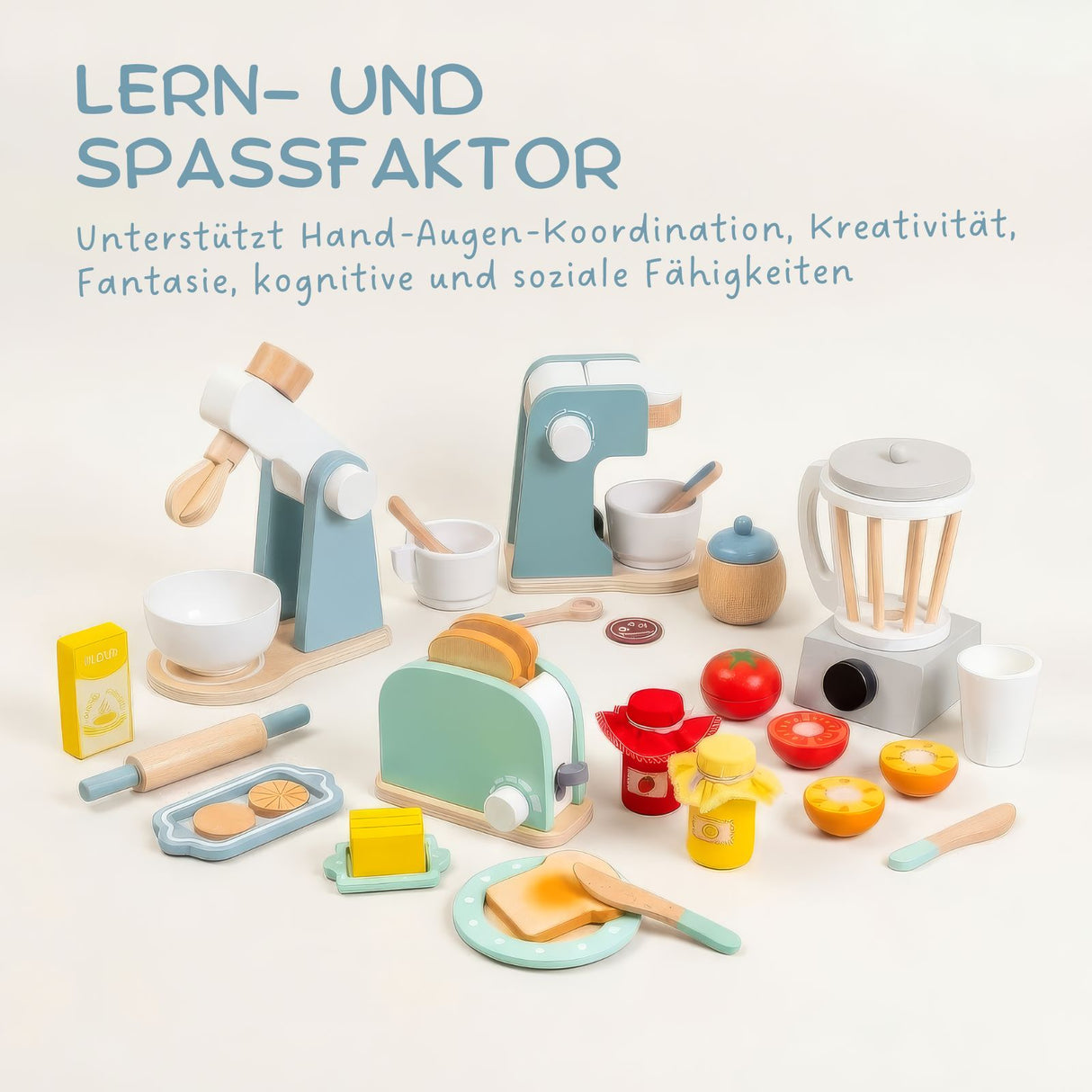 4-teiliges Spielzeug-Küchenmaschinen-Set aus Holz mit Zubehör Küchenspielzeug