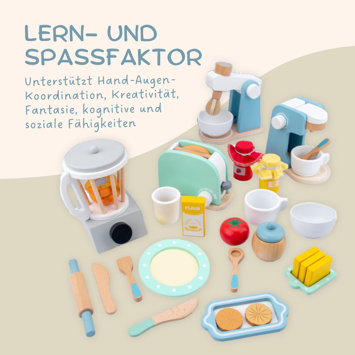 4-teiliges Spielzeug-Küchenmaschinen-Set aus Holz mit Zubehör Küchenspielzeug