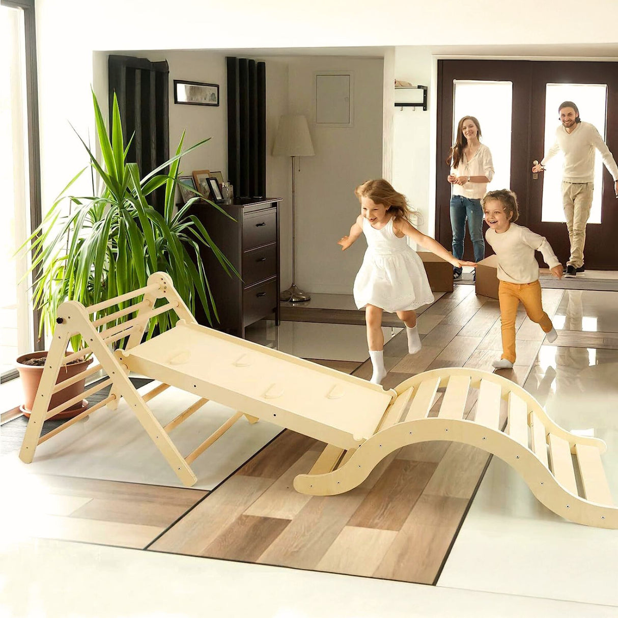 3-tlg. Holzklettergerüst Indoor-Kletterdreieck Schaukel Kletterbogen