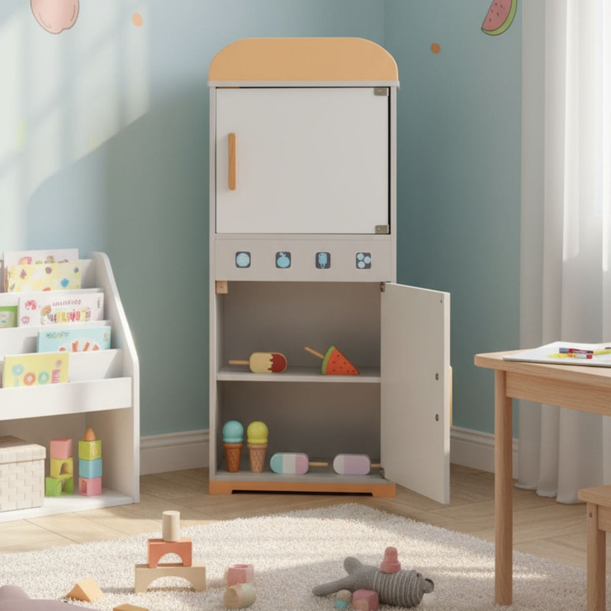 Kinder Spielhaus-Kühlschrank aus Holz mit Zubehör Kinderkühlschrank