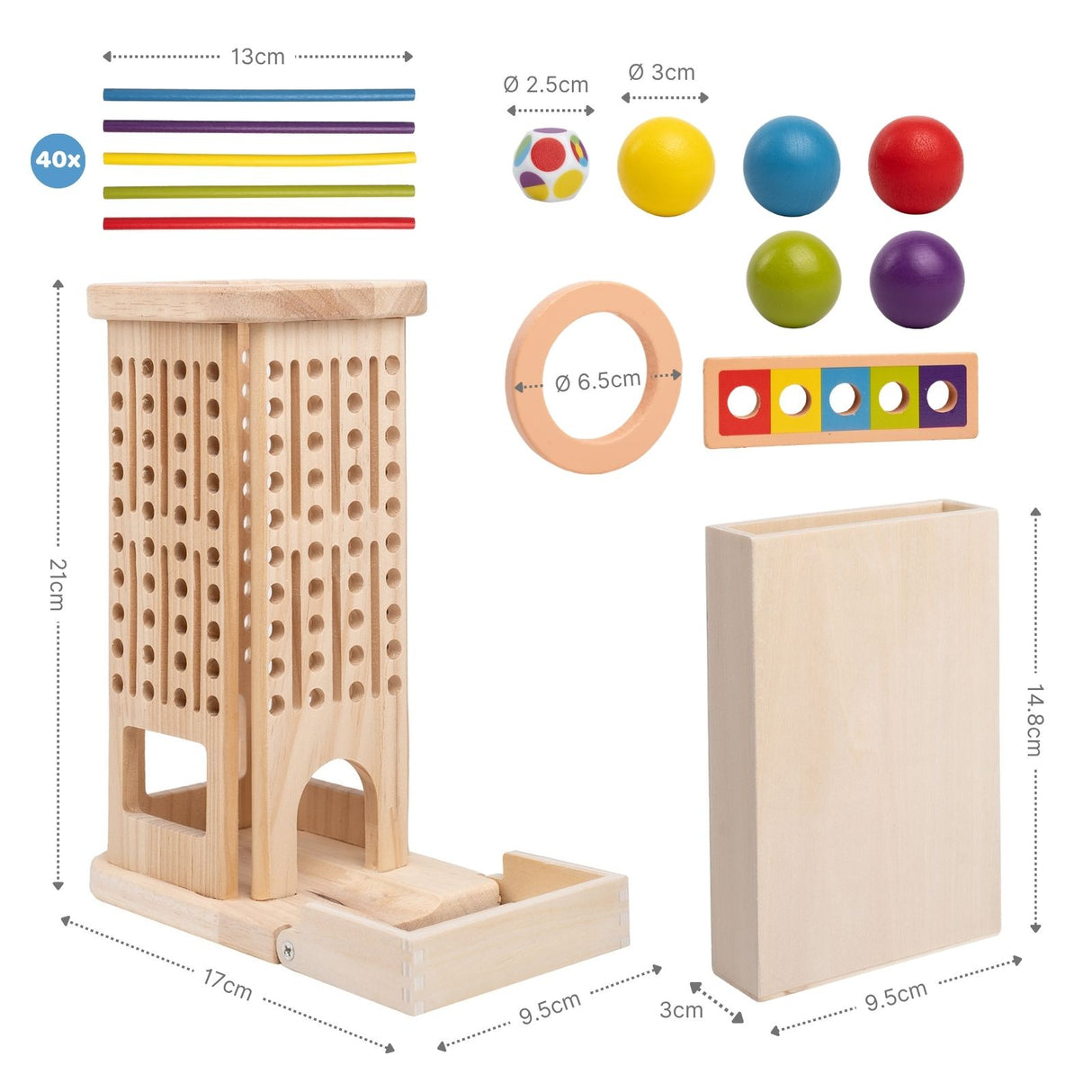 3in1 Motorikspielzeug Holzstab-Turm Farbsortierspiel Stäbchenziehspiel