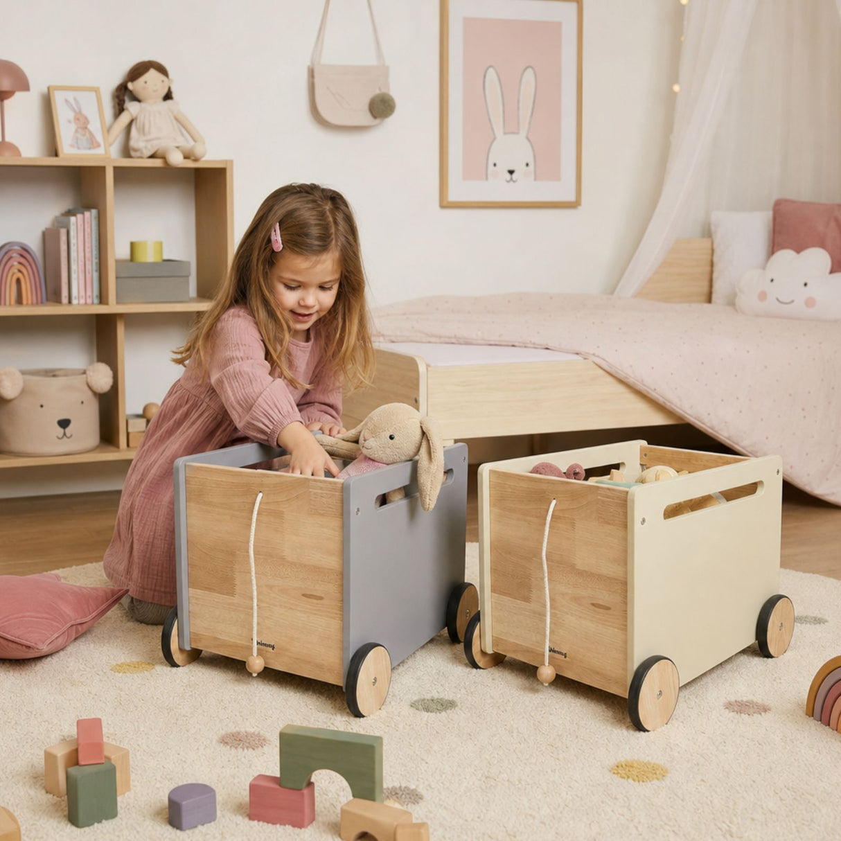 2er-Set Holz-Spielzeugkiste auf Rollen Bücherkiste Spielzeugtruhe