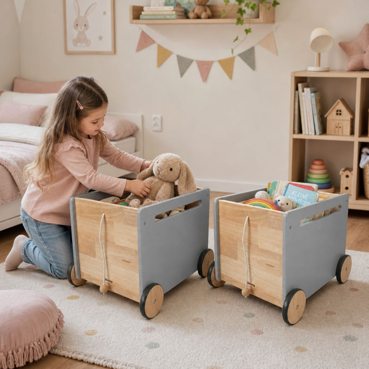 2er-Set Holz-Bücherkiste auf Rollen Spielzeugtruhe Spielzeugkiste