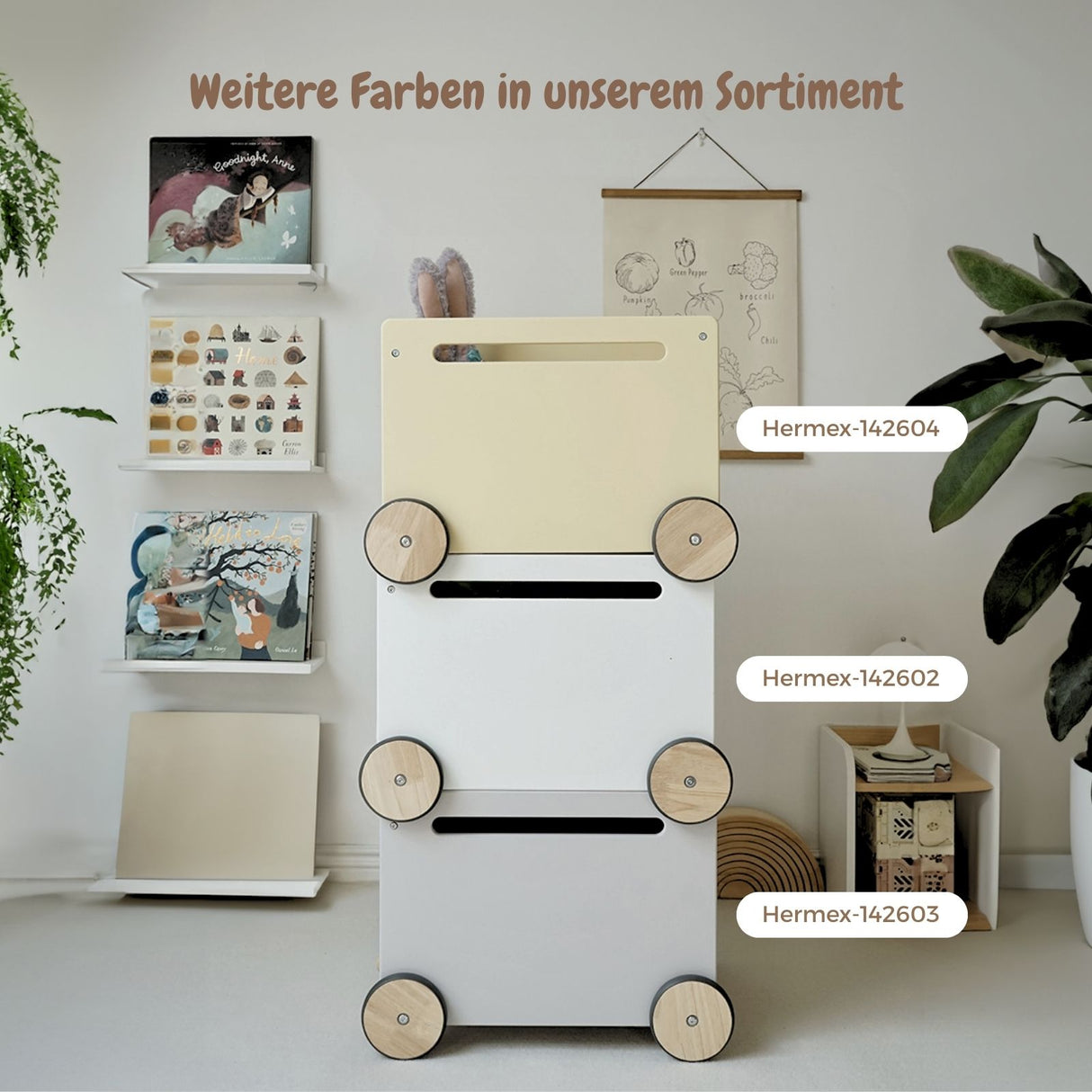 Spielzeugkiste auf Rollen Spielzeugwagen Bücherkiste Holz-Rollbox