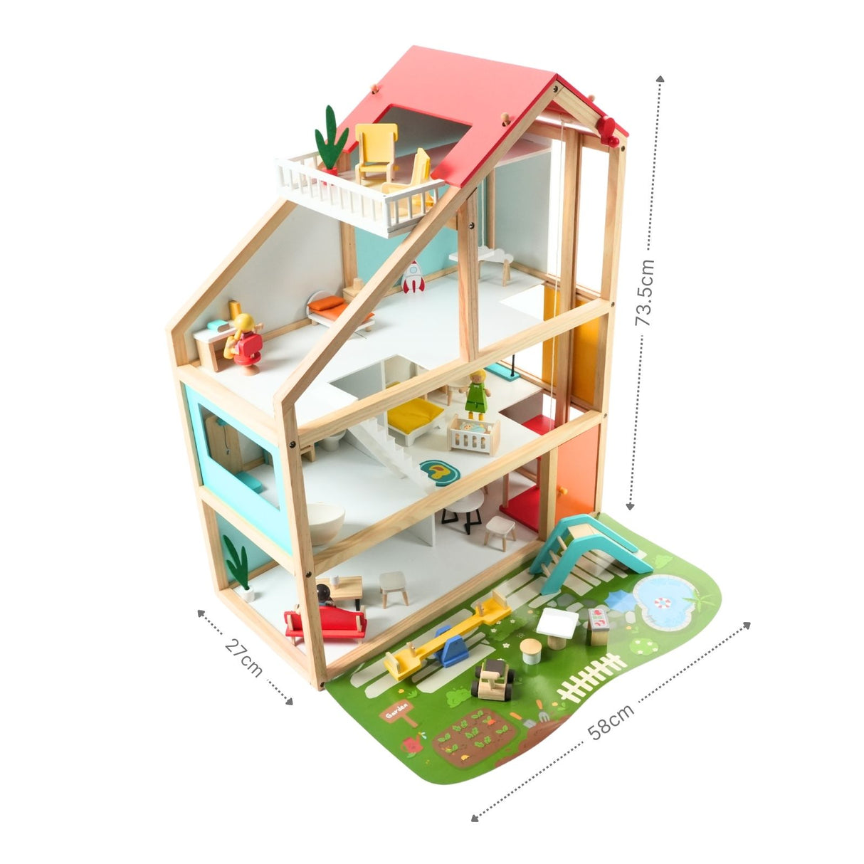 59-tlg. Holz-Puppenhaus mit Puppen Puppen-Villa mit Garten Spielhaus