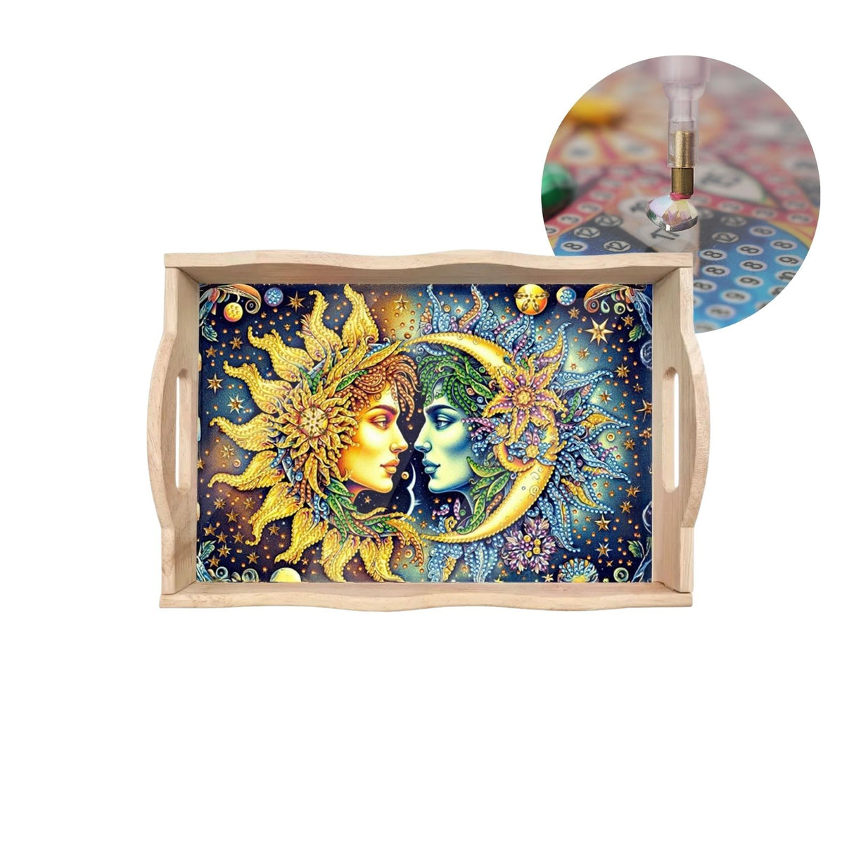 Diamond Painting Serviertablett Sonne Mond Holztablett Servierplatte