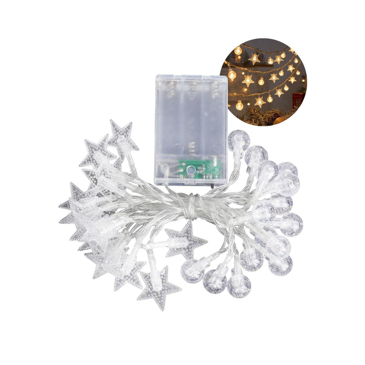 LED Kugel- und Sternenlichterkette 3m Dekolichterkette Sterne Kugeln