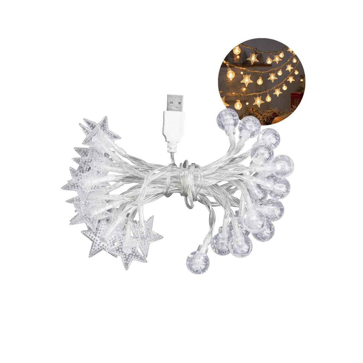 LED Kugel- und Sternenlichterkette 3m Dekolichterkette Kugeln Sterne