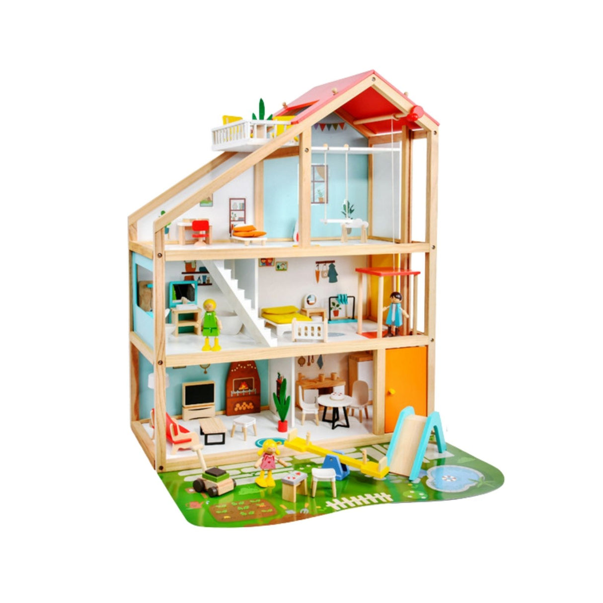 59-tlg. Holz-Puppenhaus mit Puppen Puppen-Villa mit Garten Spielhaus