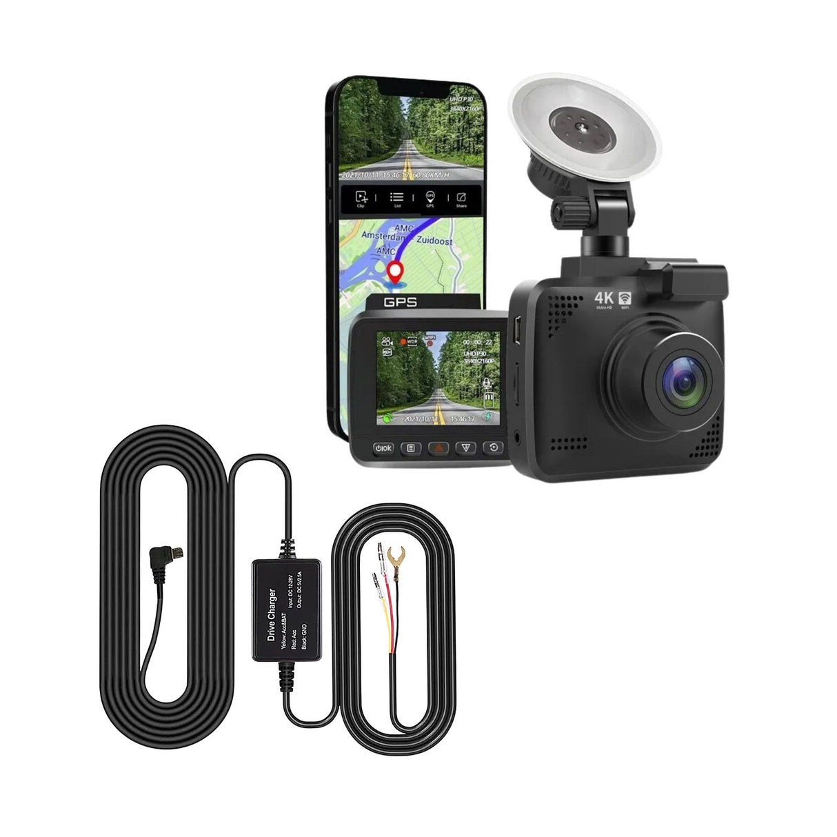 4K Dual-Dashcam mit Hardwire-Kit Onboard-Kamera mit Stromanschluss-Set
