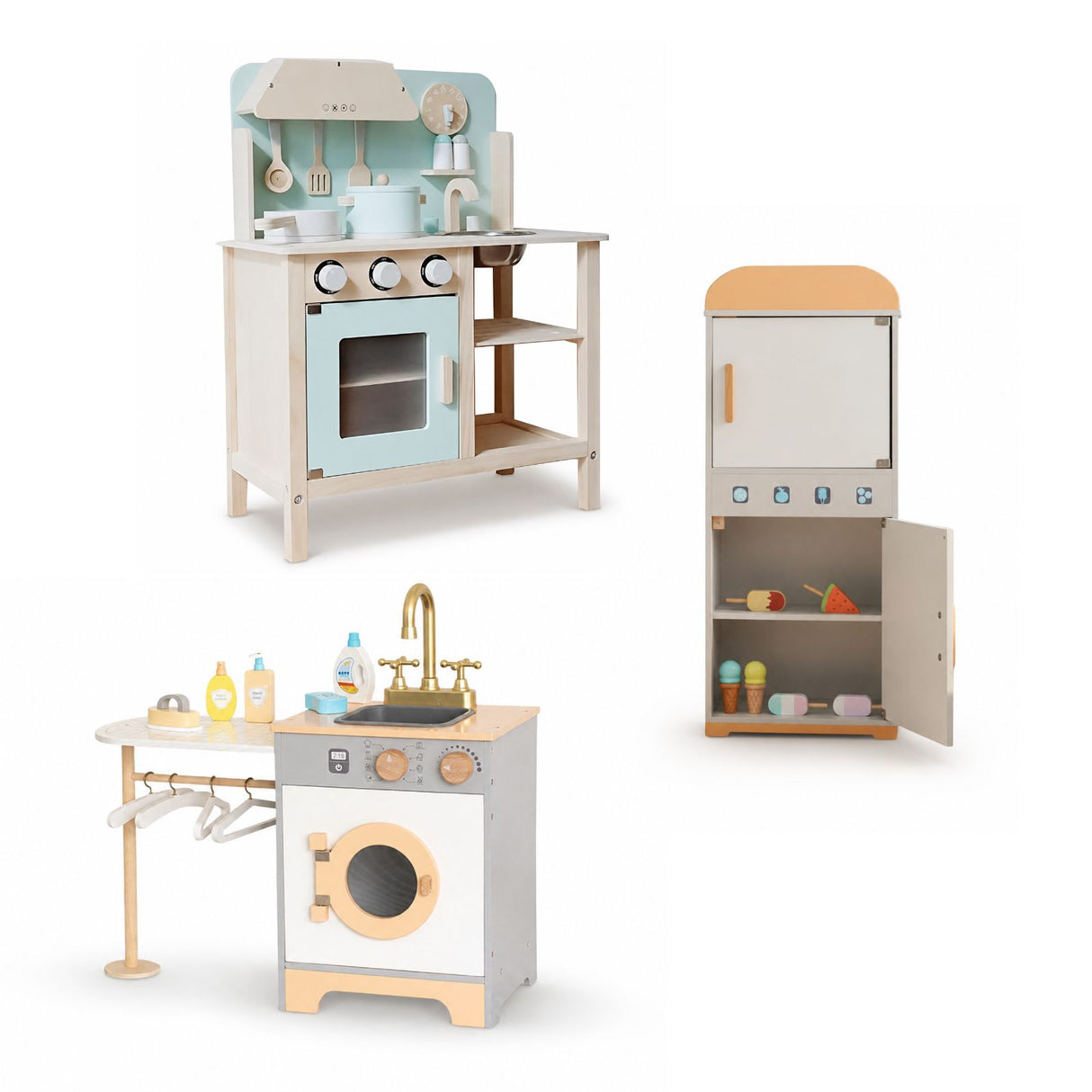 3-tlg. Kinder Haushalts-Spielset Spielküche Kühlschrank Waschmaschine