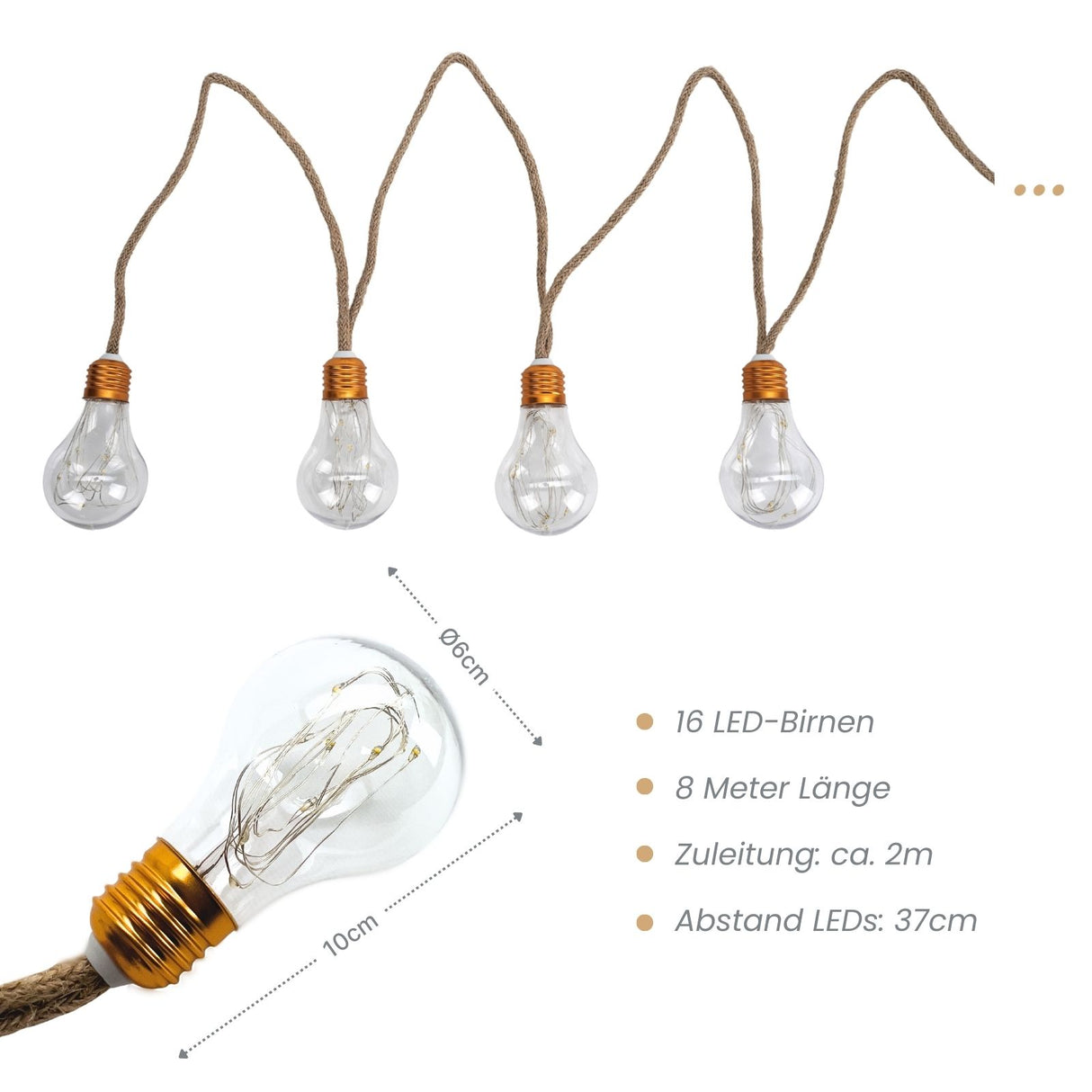 LED-Hanfseil-Lichterkette Gartenbeleuchtung Solar-Leuchtkette Lampe