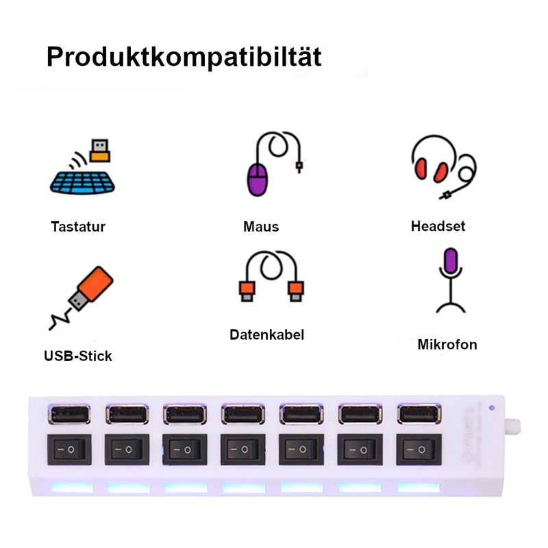 USB-Hub USB-A 2.0 7-Port Adapter mit Ein- u. Ausschalter und Licht