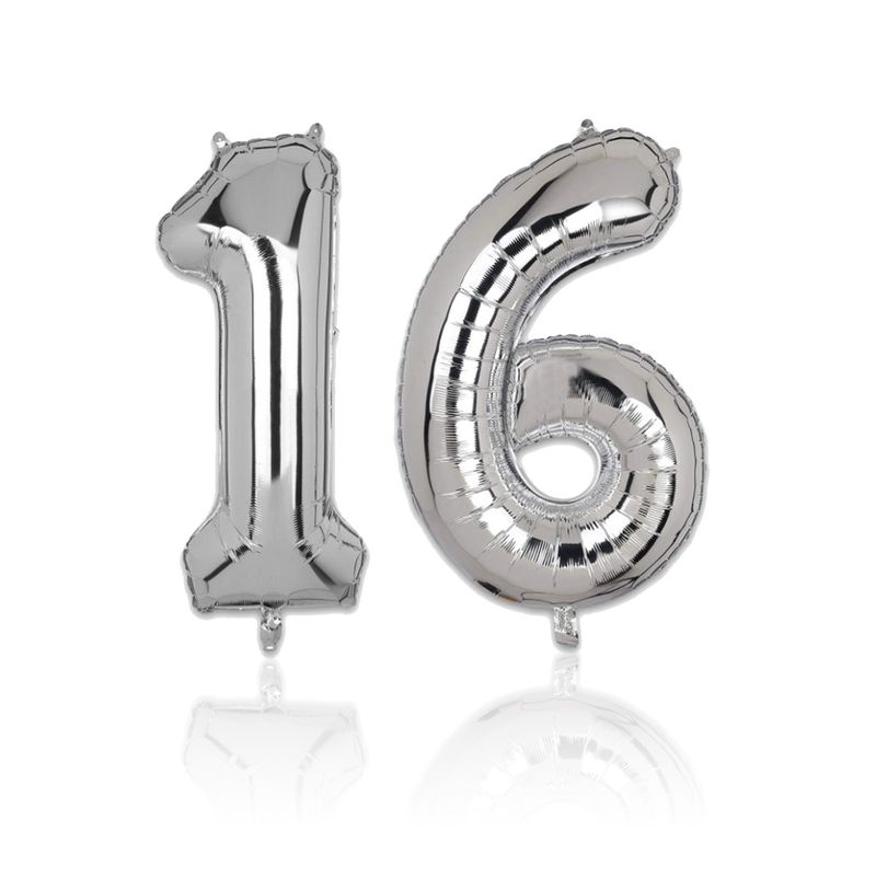 Zahlenballon Zahl 16 Folienballon Geburtstagsparty Ballon Silbrig 81cm