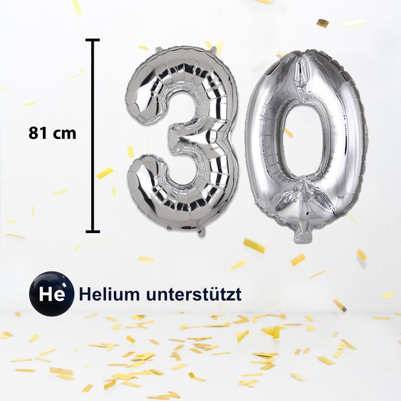 Zahlenballon Zahl 30 Silbrig Folienballon Luftballon Heliumballon 81cm