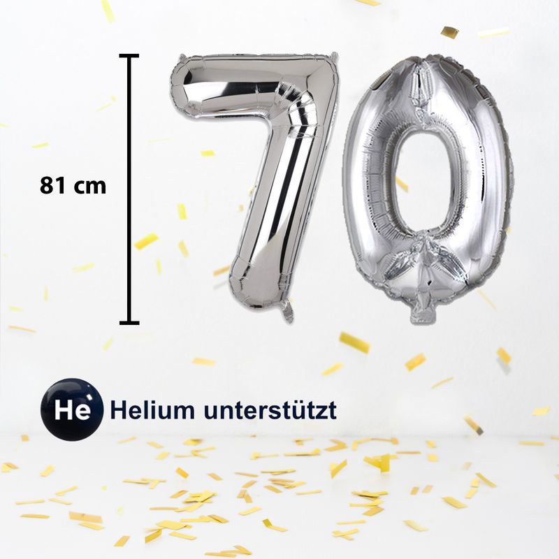 Zahlenballon Zahl 70 Silbrig Folienballon Luftballon Heliumballon 81cm