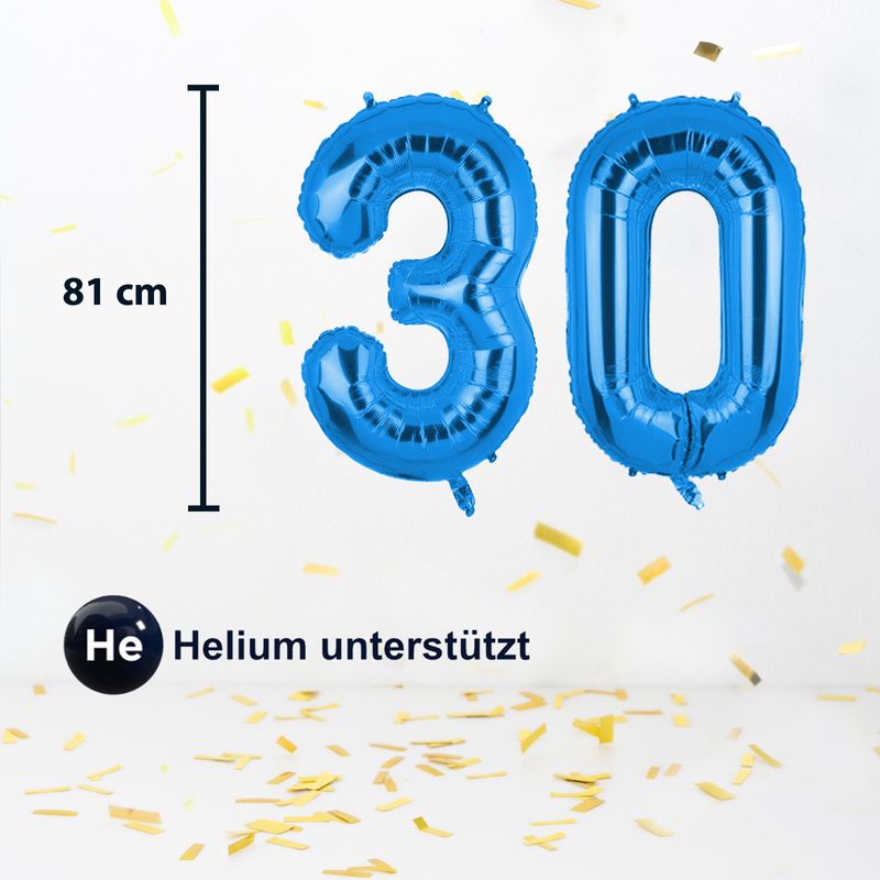 Folienballon Zahl 30 Zahlenballon Luftballon Heliumballon Blau 81cm