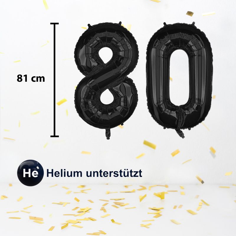 Folienballon Zahl 80 Zahlenballon Luftballon Heliumballon Schwarz 81cm