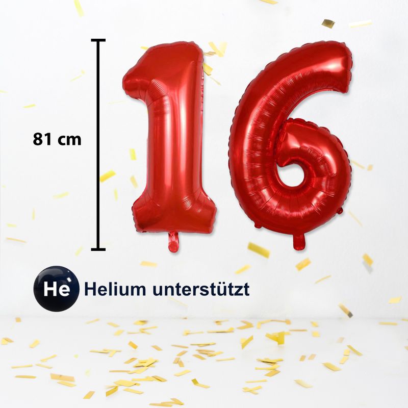 Zahlenballon Zahl 16 Folienballon Luftballon Heliumballon Rot 81cm